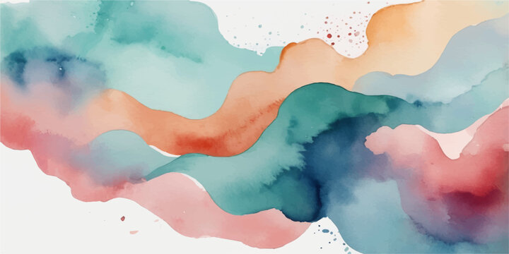 Abstract watercolor blue sky and ocean background with soft clouds, waves, summer beach landscape illustration and light artistic texture