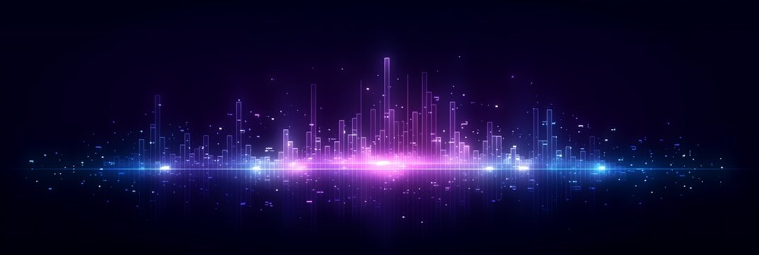 Wide audio equalizer neon glow data visualizer with purple blue light, Kpop dark background for tech music banner and presentation