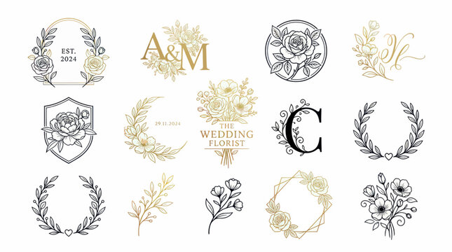 Elegant Floral Wedding Monograms & Emblems - Gold Line Art Elements