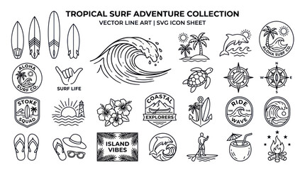 Tropical Surf Adventure Vector Line Art - Icons for Summer Beach Lifestyle © Varel