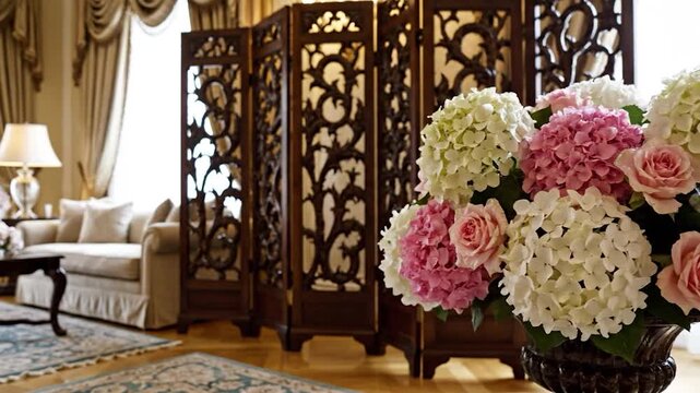 Luxurious pink roses and hydrangea bouquet in an elegant classic living room