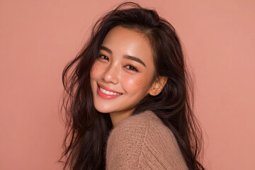 Fototapeta premium Elegant woman smiling face with soft pastel background