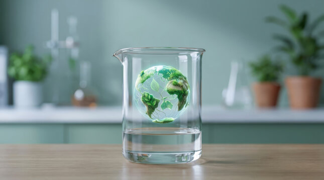 Sustainable eco concept with green globe floating in clear glass beaker symbolizing healthcare and pharma innovation for better future