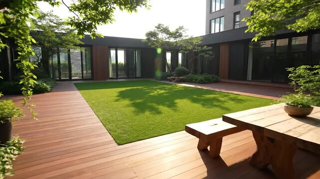 Luxurious modern rooftop courtyard with wooden deck outdoor furniture and lush green lawn in bright sunlight