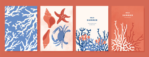 abstract colorful coral reef ocean drawing with see animal Card set design for wedding invitation card, happy birthday , summer ads. © babeer