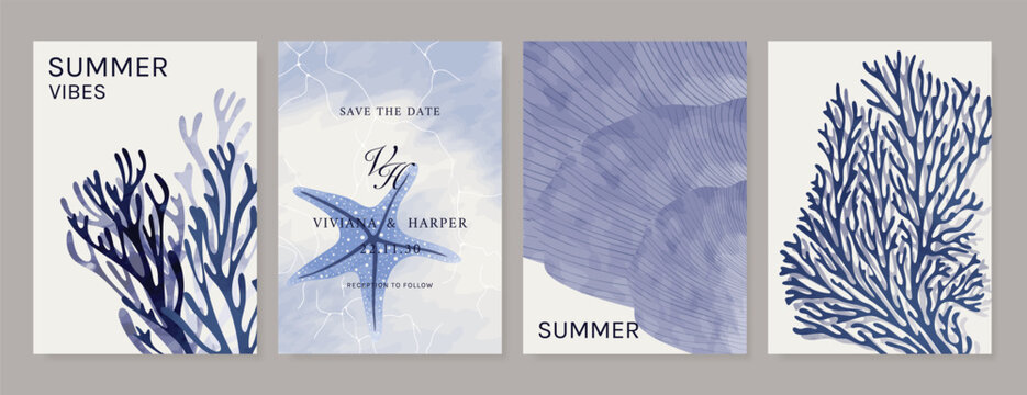 abstract colorful coral reef ocean drawing with see animal Card set design for wedding invitation card, happy birthday , summer ads.
