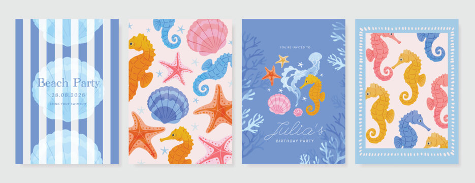 abstract colorful coral reef ocean drawing with see animal Card set design for wedding invitation card, happy birthday , summer ads.