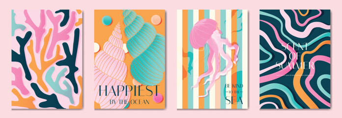 abstract colorful coral reef ocean drawing with see animal Card set design for wedding invitation card, happy birthday , summer ads. © babeer