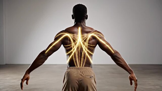 rear view of a human with arms extended as glowing tension lines connect shoulders to pelvis, visualizing muscle chains, posture alignment, and biomechanical stress across the back and core