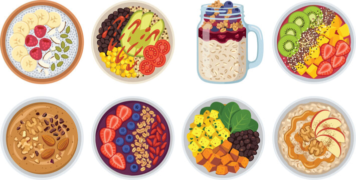 Vector collection of healthy breakfast bowls including smoothie bowls oatmeal chia pudding and savory buddha bowls