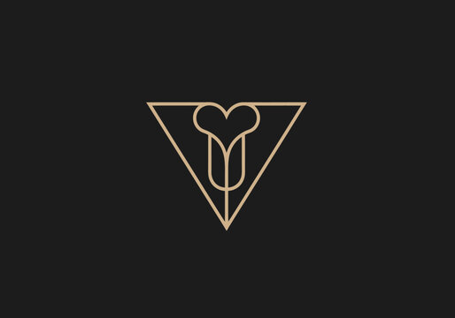 Minimalistic beige line art of a heart-shaped poppy flower within an inverted triangle on black background
