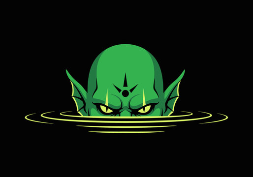 Illustration of a menacing green-faced creature with pointed ears and intense eyes