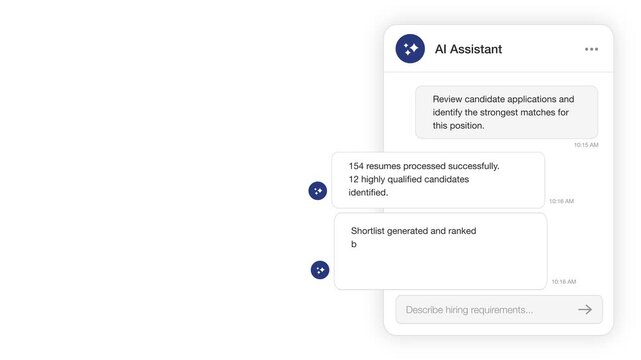 AI recruitment assistant chat interface animation with automated resume screening, candidate matching, applicant ranking and hiring workflow dashboard, HR technology concept with copy space