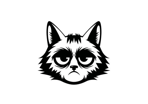 Black and white illustration of a grumpy cat's face with detailed fur