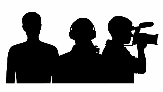 Silhouettes of a film crew including a director, sound engineer, and cameraman