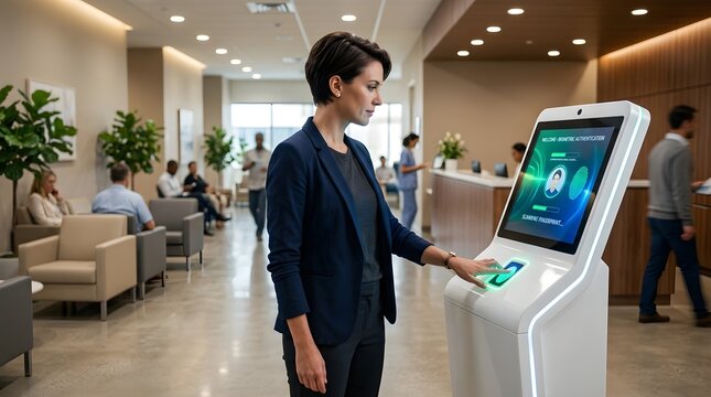 Woman Using Digital Fingerprint Check-in Kiosk in Modern Office Lobby