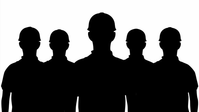 Silhouettes of a group of construction workers wearing hard hats