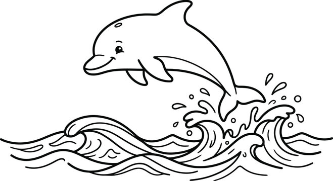 Dolphin Jumping out of Water - Black and White Outline