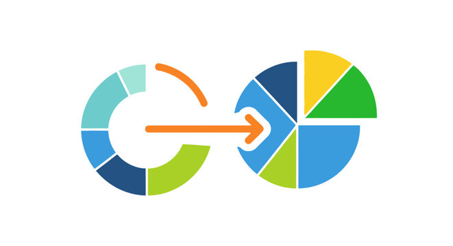 Data transformation concept with circular charts and arrow.