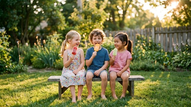 Three happy diverse children sitting on a wooden bench in a sunny garden eating colorful fruit popsicles during summer