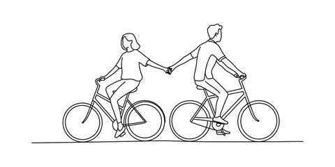 Obraz premium Couple riding bicycles and holding hands, simple line art drawing