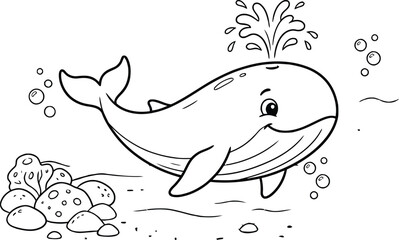 Cute Cartoon Whale Spouting Water - Coloring Page © Tabassum