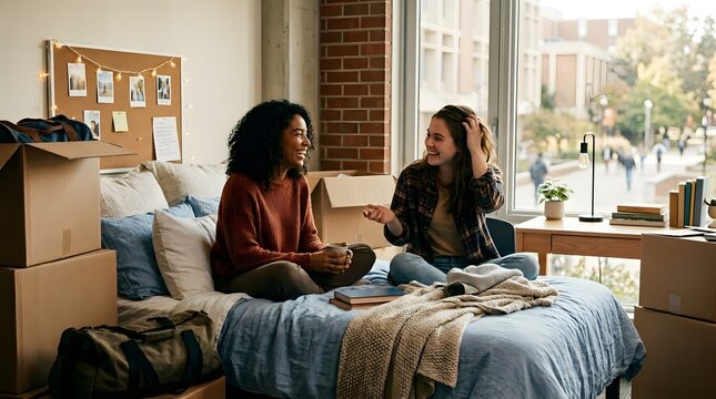 Two diverse female college students laughing and talking while sitting on a bed in a cozy dorm room during move-in day with cardboard boxes.