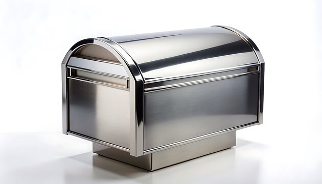 A shiny stainless steel bread display case sits on a white surface in a clean environment with modern kitchen industrial bakery equipment.