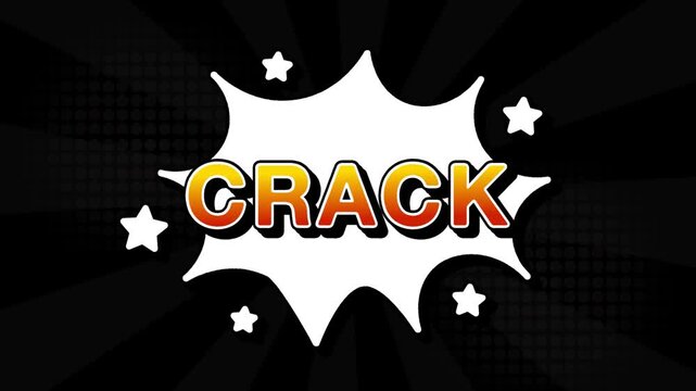 Crack text word lettering popup comic cartoon reveal with bomb and smoke explosion manga anime book page dots with radial speed lines doodle black background with seamless loop animation retro