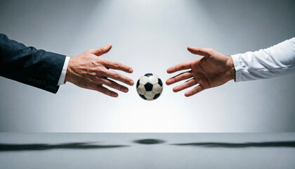 Business hands reaching for a football in mid-air, symbolizing soccer business deals, player transfers, sports commercialization, and competition in professional football industry.