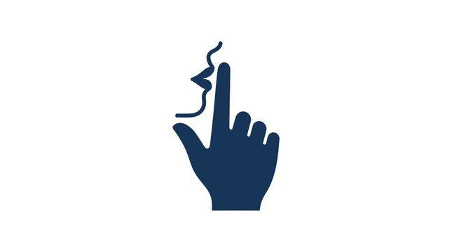 Blue hand with finger over mouth quiet sign