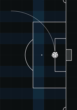 Abstract part of soccer field with ball on dark blue checkered pattern vertical baclground have blank space.