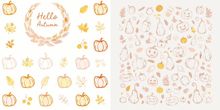Autumn pumpkins leaves and jack o lanterns vector illustration set pale orange tones