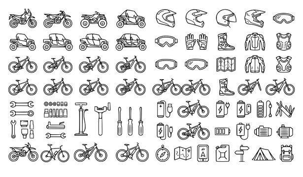 Premium Motorcycle ATV Mountain Bike and Gear Thin Line Icon Pack