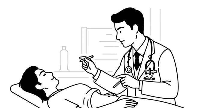 Doctor examining patient's eyes with penlight in clinic examination room