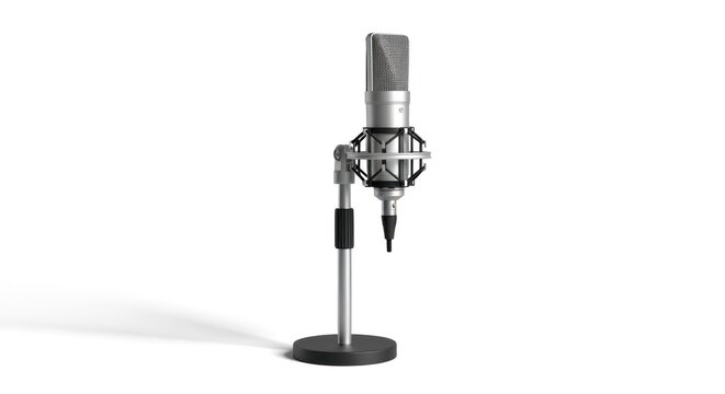 A vintage-style dynamic microphone on a stand with a pop filter