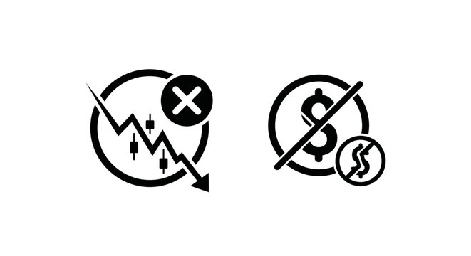 Stock market decline and financial instability icons in black and white