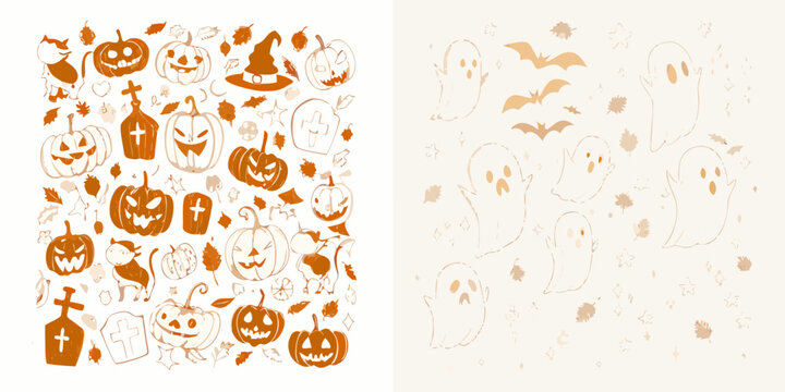 Halloween themed vector illustrations of pumpkins ghosts and bats on a beige background