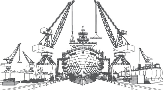 Industrial Shipbuilding Plant Line Art Illustration with Dry Dock, Cargo Vessel Construction and Heavy Engineering Facility