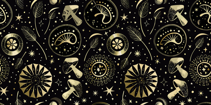 Mushroom pattern a golden vector illustration on a dark background