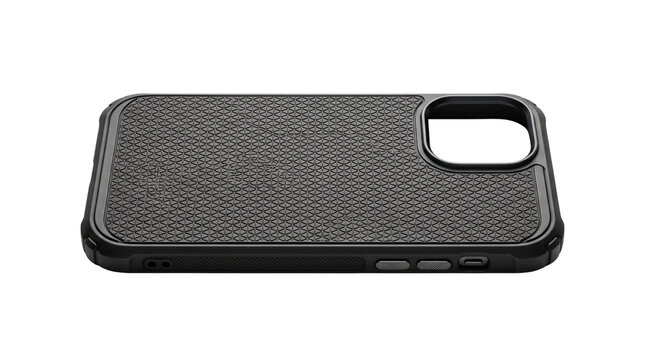 Black carbon fiber smartphone case, durable protective mobile phone cover, sleek textured shockproof phone accessory for modern devices isolated PNG with Transparent Background