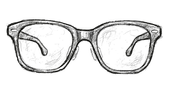 Hand drawn charcoal sketch of eyeglasses on white background