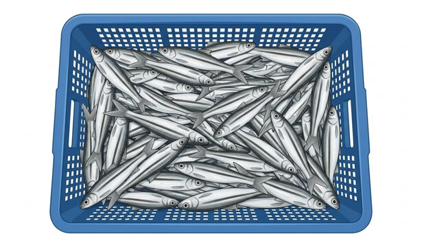 Harvested Silver Rasbora Fish Piled in Blue Basket Realistic Vector Illustration