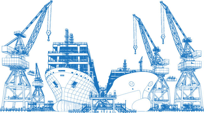 Industrial Shipbuilding Plant Line Art Illustration with Dry Dock, Cargo Vessel Construction and Heavy Engineering Facility