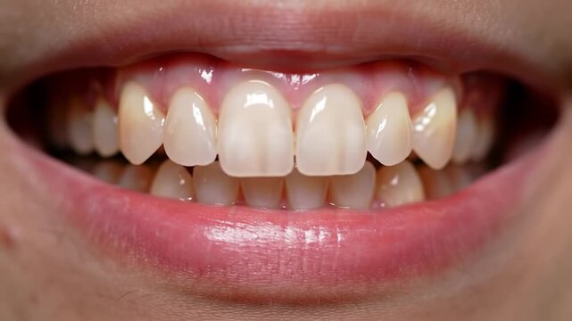 Macro close up of human teeth and gums showing signs of gingivitis and yellow staining