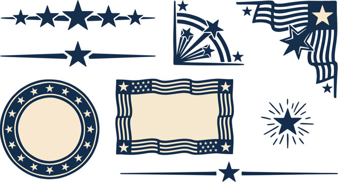 America 250 patriotic decoration set. USA anniversary frames, banners, stars, dividers, and fireworks for an Independence Day greeting and invitation design.