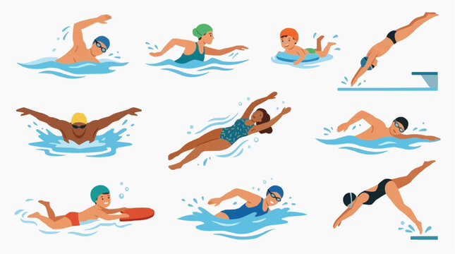 Diverse group of people swimming and diving in water illustration