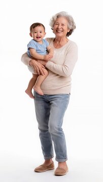 Senior Woman Holding Grandchild Isolated on White Background