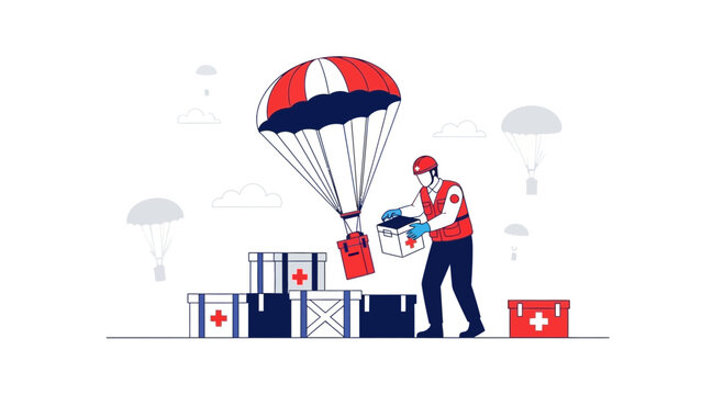 Aid worker delivering medical supplies via parachute drop during disaster relief