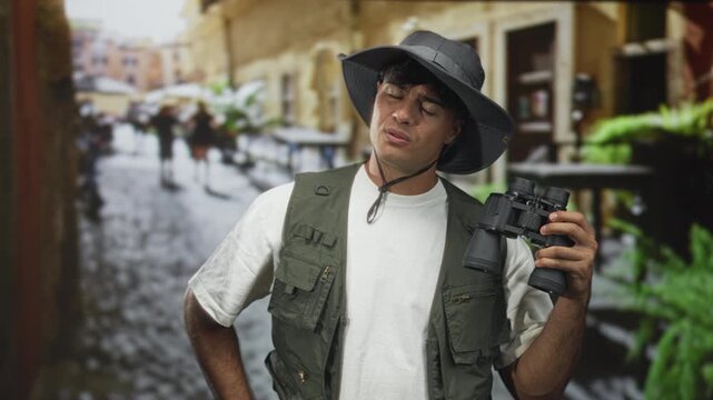 Man holding binoculars in right hand, wearing wide brim hat and utility vest on cobblestone street lined with buildings and cafe tables; curiosity exploration.